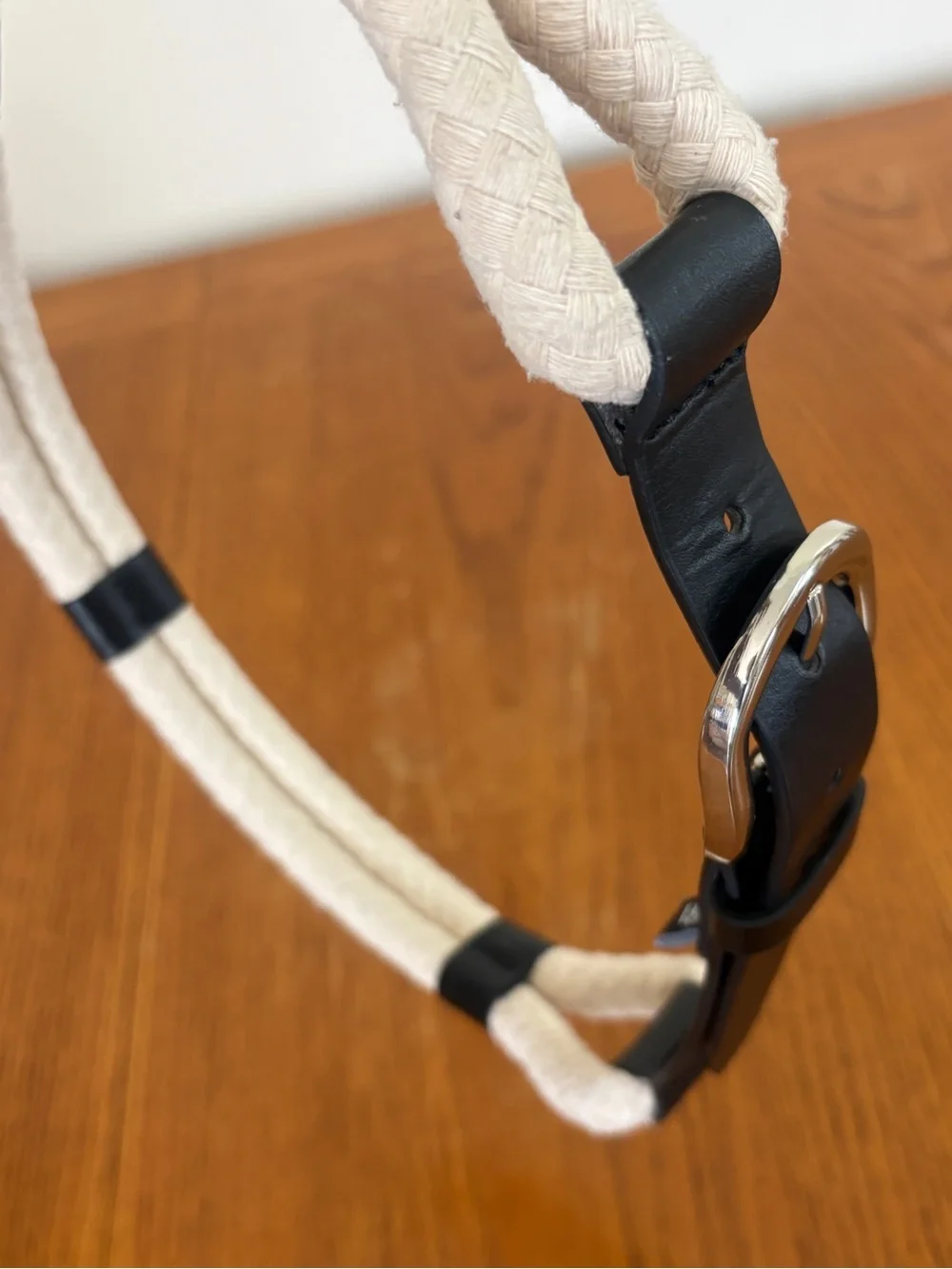 ZARA Woven Rope Belt,Faux Leather Details, Black and White, Size S